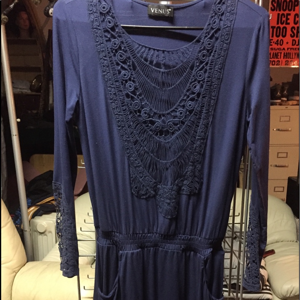 Navy Blue long sleeve Embroidered mini dress